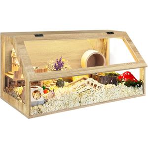PROLEE Hamster Cage Large Chewproof, 40" x 20" x 20" Sloped Mice and Rat Habitat with Clear View, Solid Built with Lockable Design and Openable Top (White Oak)