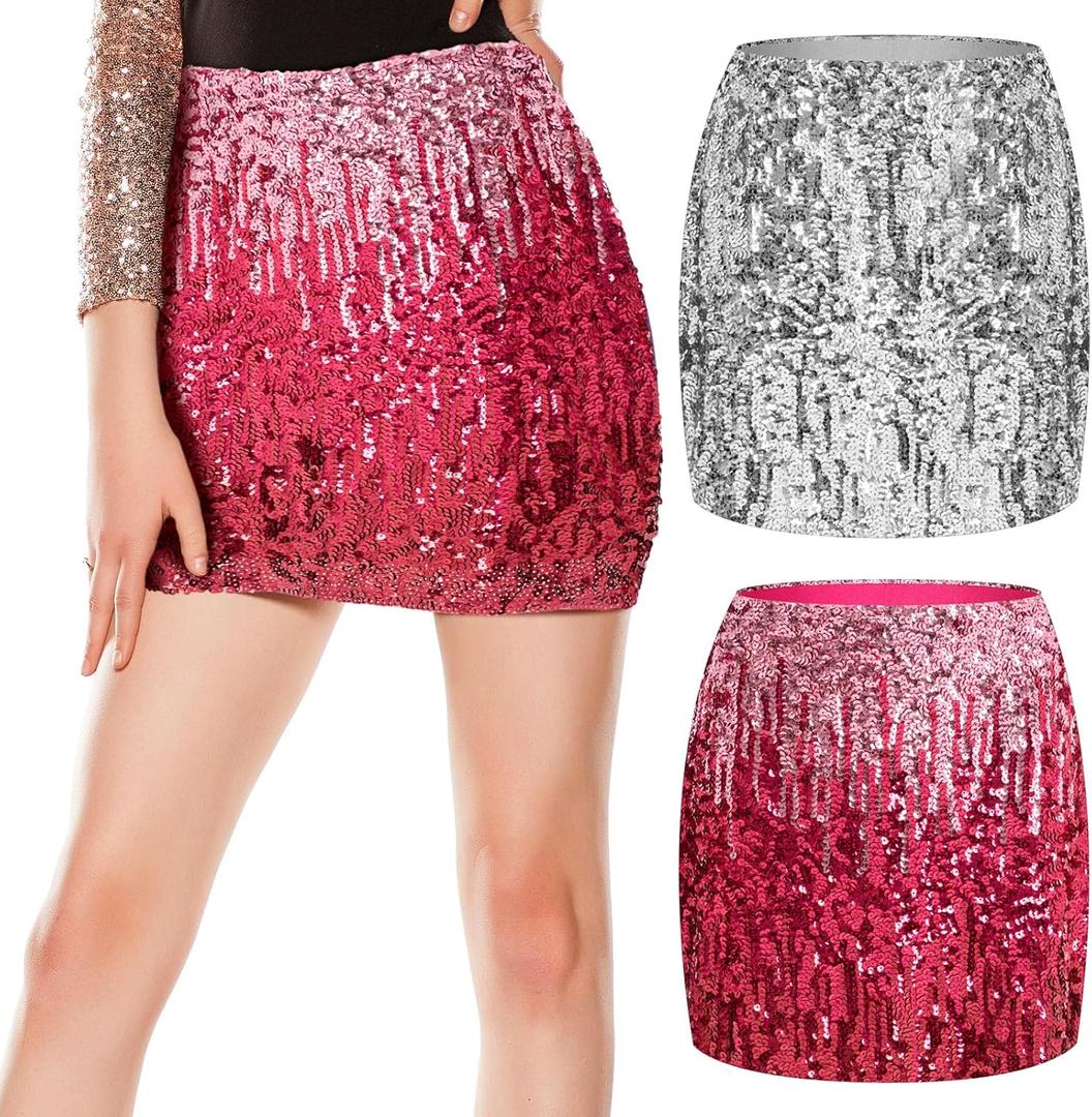 2 Pcs Women's Sequin Skirt, Sparkly Skirt Y2k Stretchy Bodycon Night Out Party Sparkly Mini Skirts for Costumes (L)