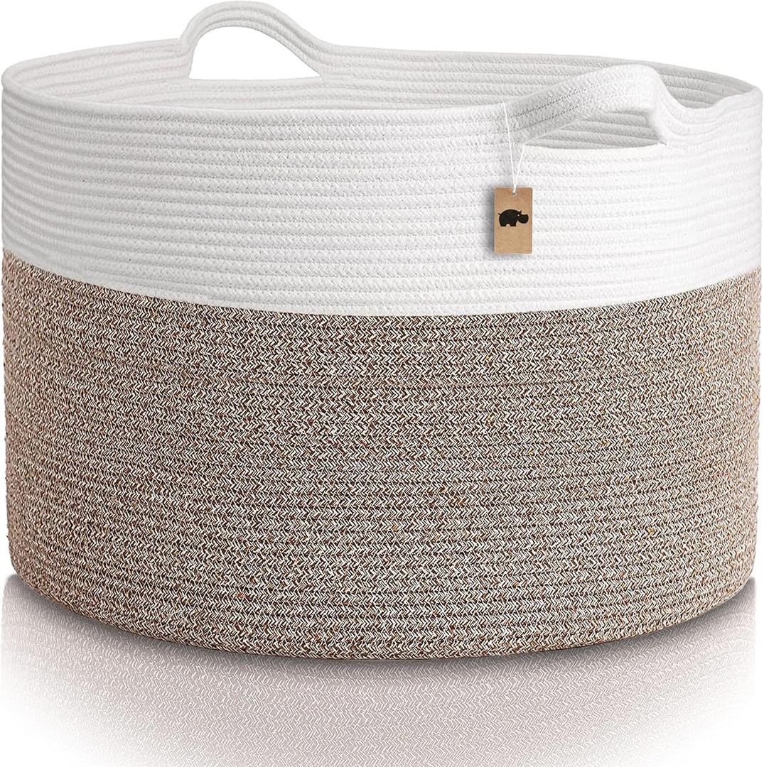 Little Hippo XXXL Cotton Rope Basket (22"x14") 100% Natural Cotton! Baby Gift, Large Blanket Storage for Living Room, Toy and Pillow Organizer (White & Brown)
