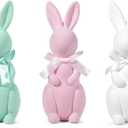 Easter Bunny Decorations, Flocked Bunnies Figurine with Soft Velvet Texture, 5.5" Resin Rabbit Ornaments, Spring Decor for Home Office Table Centerpiece Gift (Green&Pink&White)