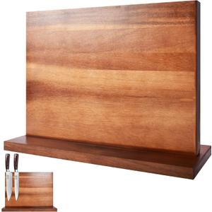 XYJ Extra Large Magnetic Knife Block Acacia Wood Knife Set Holder Stand With Stronge Magnetic Strip Kitchen Knives Storage Rack Organizer Tools No Drilling (11*8 inch, dark wood color)