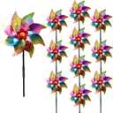 10 Pieces 21 Inches Rainbow Reflective Pinwheels with Stakes Windmill Wind Spinners Outdoor for Yard Garden Lawn Farm Decor Bird Repellent, Large Plastic Foil Pin Wheels for Birds Animal Deterrent