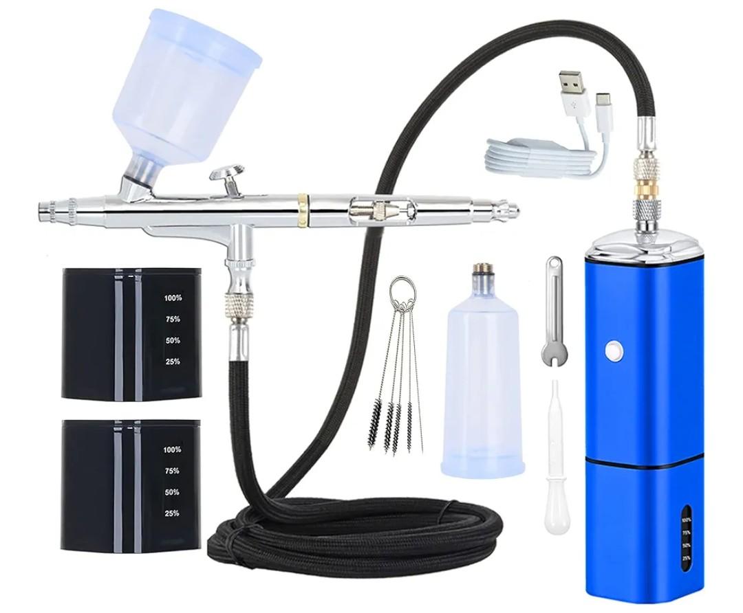 Cordless Airbrush Kit with Compressor Dual Action Rechargeable Detachable Air Brush Gun Portable for Makeup Art Painting Craft Cake Tattoo Model Barber with Two Replacement Batteries