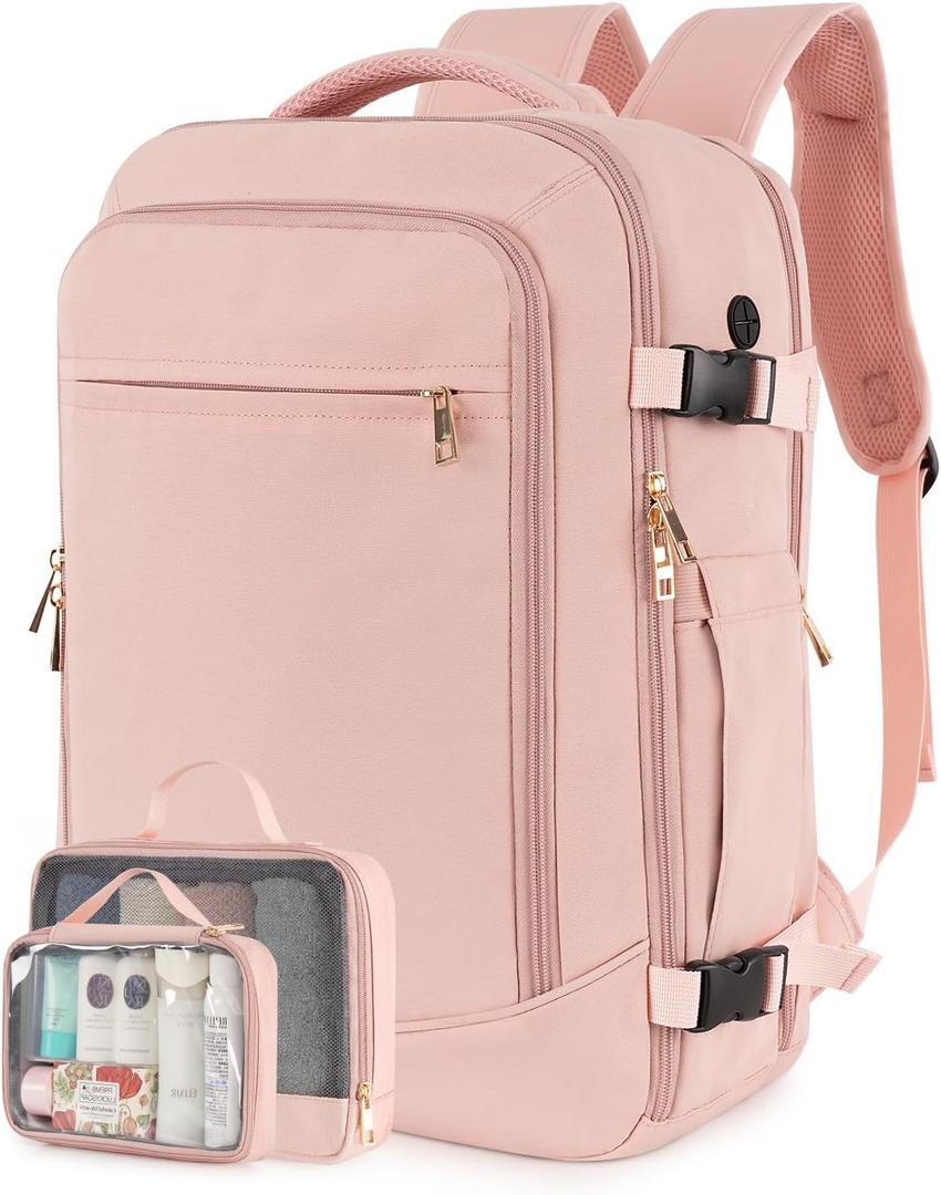 Travel Backpack for Women Men, 40L Carry on Flight Approved Backpack, Personal Item Travel Bag with Multi-Pockets, Waterproof Travel Bag Fits 17 Inch Laptop, Gift for Weekender, College, Work, Pink (Largh)