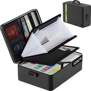 Fireproof Document Bag, Insulated Large Document Box with Lock, Important Document Organizer with Waterproof Zipper, Portable Soft Home Travel Office Safe Storage for Legal/Letter/A4 Files,Black (17" x 12" x 5.3",13 pockets transparent)