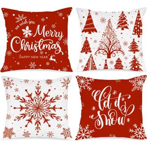 Lanpn Christmas Throw Pillow Covers 14x14 Set of 4, Merry Christmas Winter Xmas Snowflake Decorative Holiday Cushion Pillow Cases 14 x 14 for Outdoor Indoor Farmhouse Home Room Couch Decor (Red)