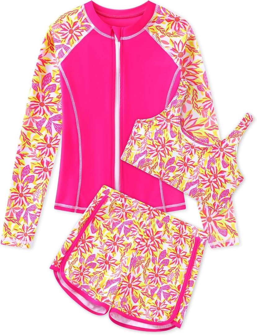 Girls 3 Piece Swimsuit Long Sleeve Rash Guard Zipper Bathing Suit UPF 50+ Summer Swimwear for Girl 11-12 Years