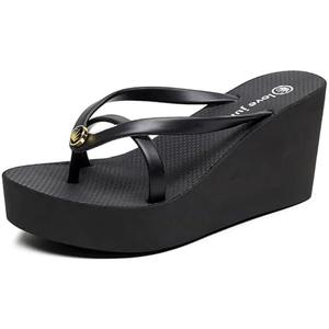 Women's Thong Wedge Platform Slides Sandals Fashion Comfort Open Round Toe Slip On Anti-Slip Chunky Heel Flip Flops Summer Pool Party Beach Walking Sandals (5, Black)