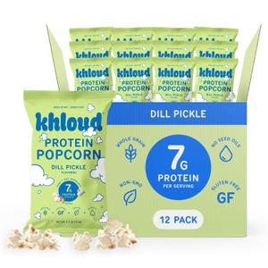 Khloud Protein Popcorn - Dill Pickle - 7g Protein Snacks for Adults & Kids - Flavored Popcorn Made with Real Ingredients & Milk Protein Isolate - Non-GMO, Gluten-Free, Kosher - 4oz, 12pk, BBD 08/09/26