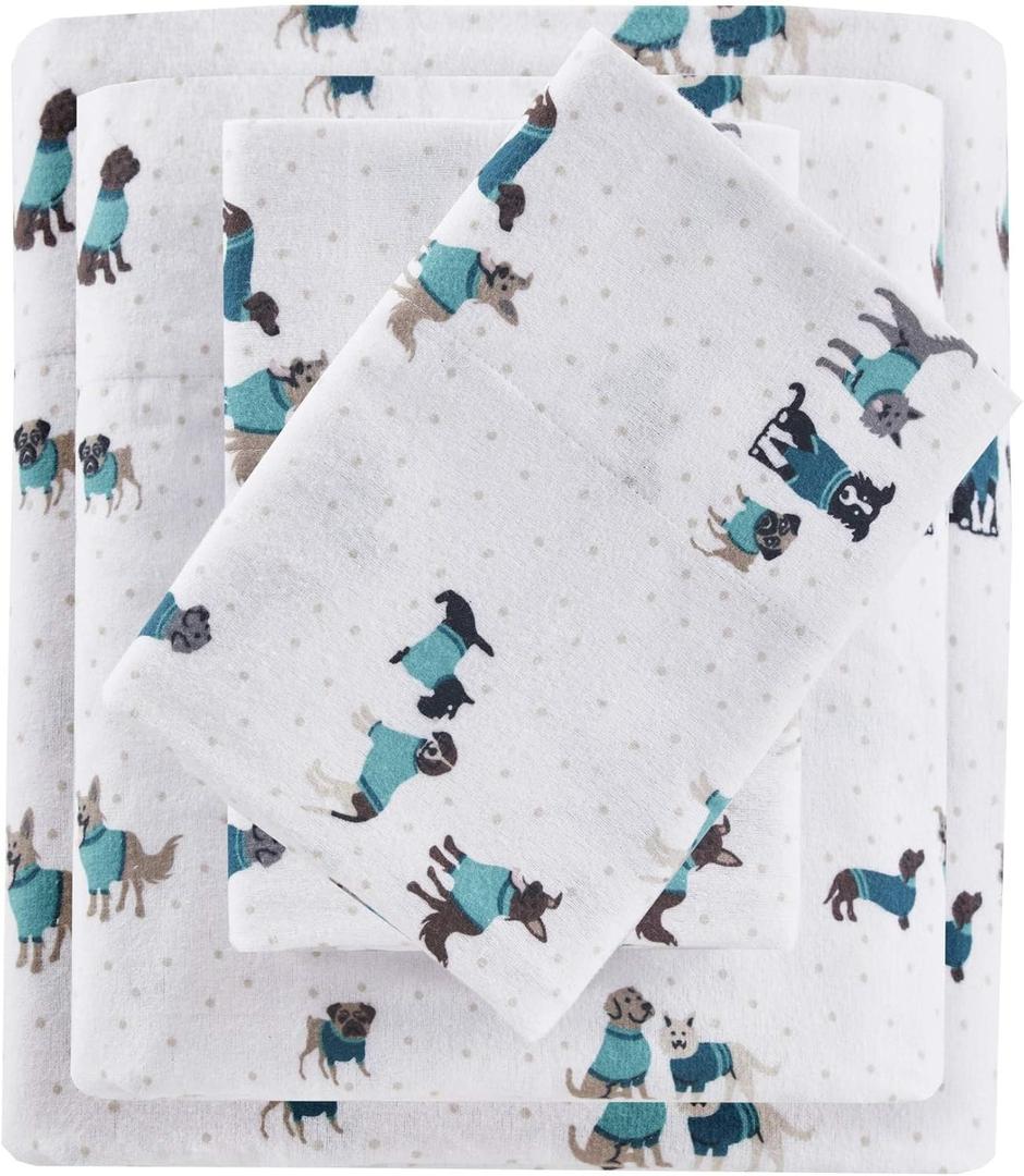 Intelligent Design Cozy Soft 100% Cotton Flannel Print Animals Stars Cute Warm, Ultra Soft Cold Weather Sheet Set Bedding, Queen, Teal Dogs 4 Piece