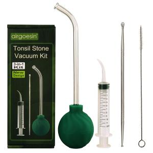 Airgoesin 3-In-1 Tonsil Stone Removal Remover Kit, Tonsil Stone Vacuum Suction Kit, Long Tonsil Stone Stainless Steel Pick 18cm/ 7 with Protection Cap, Curved Oral Irrigation Syringe 12ml with Scale
