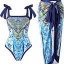 One Piece Bathing Suit for Women with Beach Cover up Wrap Skirt Swimsuit Sarong Retro Floral Print Bikini Set (Blue), XL