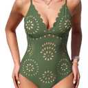 Upopby Women's Sexy One Piece Swimsuit Women Tummy Control Cheeky Slimming Bathing Suits Scalloped V Neck Trendy Monokini Swimsuits Green S (Green, S)