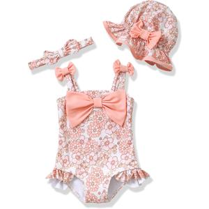 Renotemy Baby Girl Swimsuit Infant Bathing Suit Swimwear Sleeveless Bikini Tankini Toddler Girl One-Piece Swimsuit with Hat (Pink), 3-6M