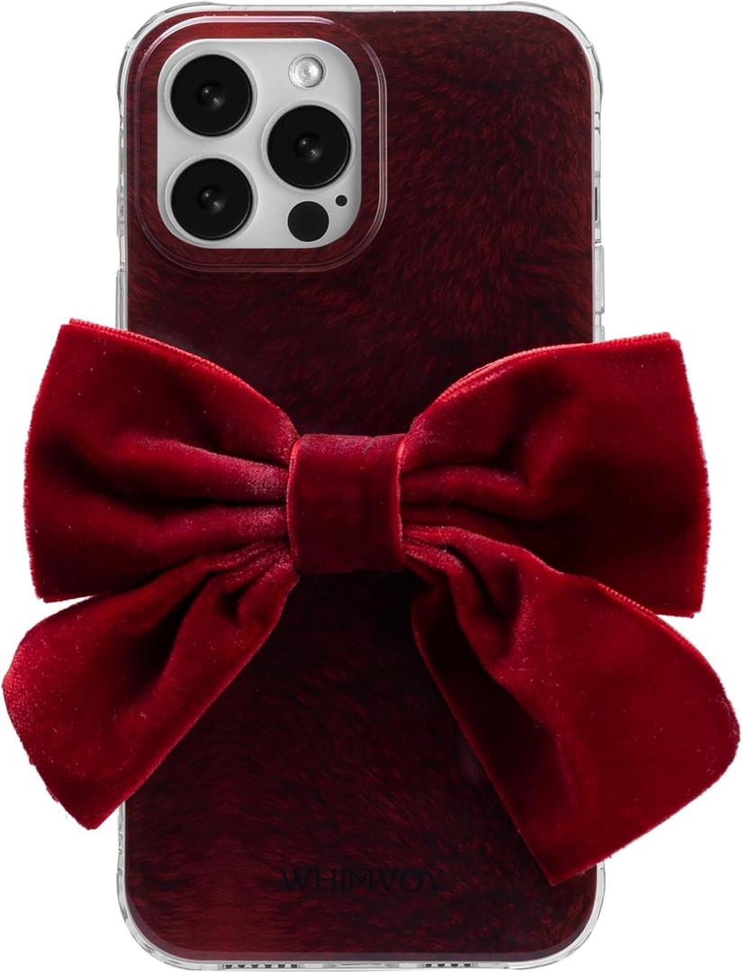 Christmas Plum Red Velvet Bow Phone Case, Winter TPU Shockproof iPhone Cover, for iPhone 16/15/14/13 Pro Max and More Models Handmade, Airbag Edges (iPhone 15 Pro Max)