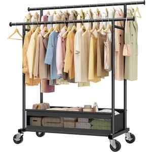 Double Rod Clothes Rack, Room Space Saving Organize, Bottom Basket | 10 Minutes Tool-Free Assembly, Heavy Duty 210 LBS, Anti-Wobble Design, Smooth Rolling Wheels, Bedroom, Dorm, Apartment