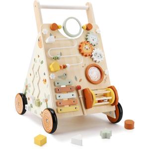 Pithfor Wooden Baby Walker, Baby Push Walker with Activity Center for Girls Boys, Montessori Push Walker Toys for Babies Learning to Walk, Sit-to-Stand, for 10-12 Months 1 2 3 Years Old (Orange)