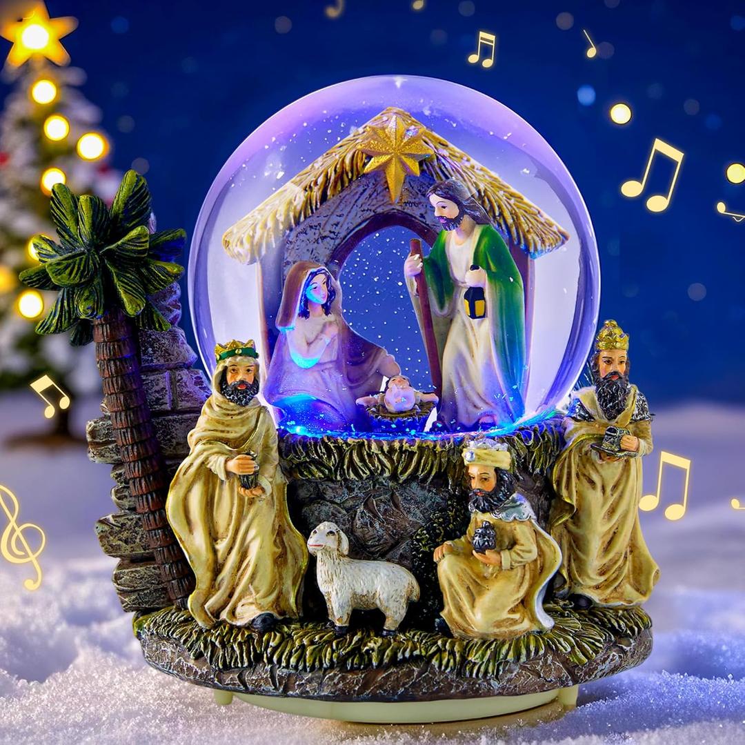 Christmas Nativity Snow Globe Lantern - USB or Battery Operated Musical Snow Globes with Nativity Scene, Retro Holiday Glitter Globe for Xmas Home Indoor Decoration & Gifts (Manger Magi)