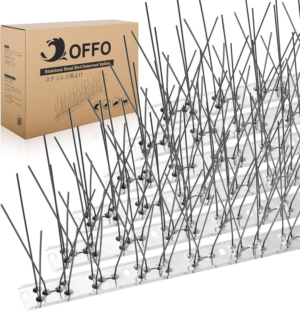 OFFO Bird Spikes Pre-Assembled for Pigeons Birds, Cover 24 Feet Durable Bird Spikes with Stainless Steel for Fence Roof Mailbox Window (Bright Silver)