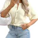 Arssm Women's Knitted Crop Cardigan Y2k Short Sleeve Button Down Cardigan Shirt Ribbed Knit Solid Color Lightweight Outwear (X-Large, Beige)