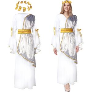 Geyoga 2 Pcs Greek Goddess Costume Toga Costume Women Halloween Greek Dress with Roman Crown Leaf Wreath (Medium)
