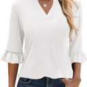 ANRABESS Blouses for Women Dressy Casual 3/4 Sleeve V Neck Shirts Business Work Tunic Tops 2026 Fall Outfits Clothes (XL, White)