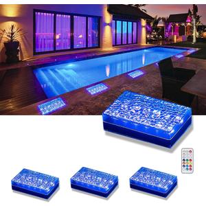 Solar Paver Color Changing Lights, 6x9 Recessed Brick Light, Heavy Duty IP67 Waterproof LED, Outdoor Lighting for Ground, Pool, Garden, Driveway (RGBW, 3 Pack) 