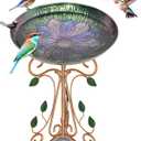 Vintage Metal Bird Bath for Outside, 13" Dia Birdbaths Bowl with Cast Iron Pedestal, Large Antique Bird Feeder with Folding Bracket for Outdoors Garden Patio Yard Decor (Purple Lotus)