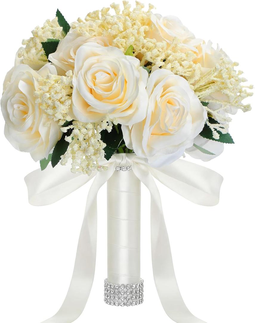 Janinka 10 Inch Large Wedding Bouquets for Bride Bridesmaid Artificial Rose Flowers Paired with Silk Ribbon and Rhinestones Bridesmaid Bouquet for Proposal Party Church Decoration(Champagne,Rose)