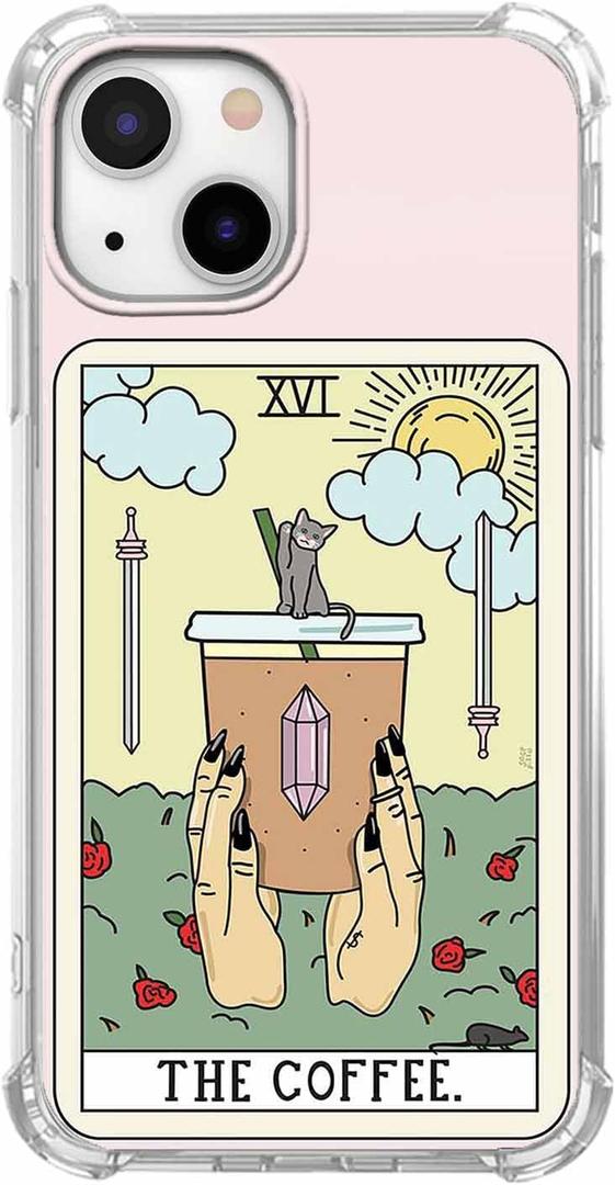 Coffee Tarot Card Cup Sun Floral Cat Pattern Case for iPhone 14 & iPhone 13,Unique Trendy Soft TPU Phone Protective Cover,ip14