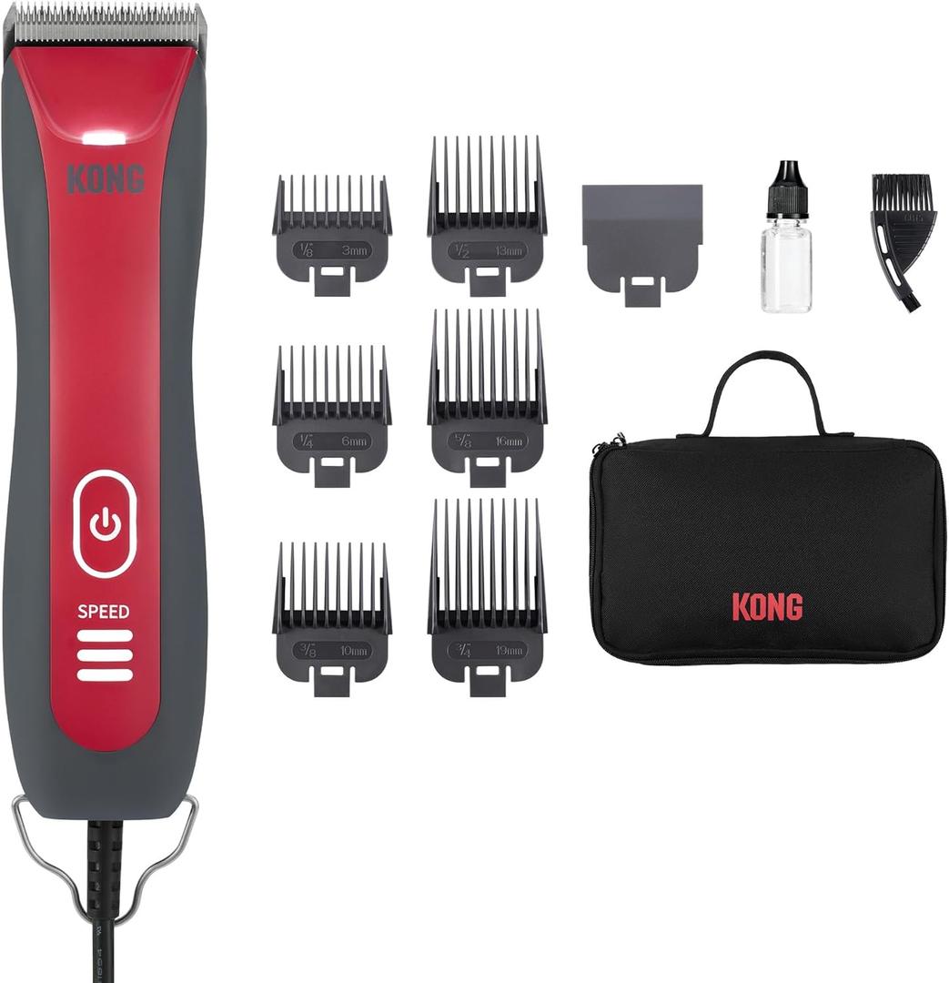 Kong 3-Speed Dog Clipper Grooming Kit  Stainless Steel Blade, Waterproof, LED Spotlight, 6 Guide Combs, 10-Foot Cord, Ergonomic Handle  Red/Gray, All Coat Types