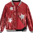 LOLANTA Girls Metallic Sequin Baseball Jacket Varsity Jacket Bomber Clothes (Red, 14-15)