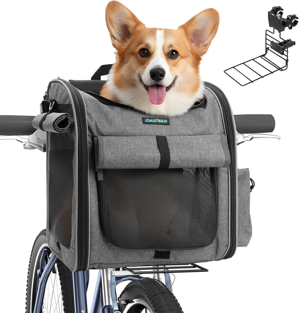 Dog Front Bike Basket 4-in-1 Pet Carrier Backpack & Car Seat, 22lbs Load, Stable L-Shaped Mount for E-Bikes (Display <3.15"), Reflective Waterproof Folding Bicycle Bag for Small Medium Dogs