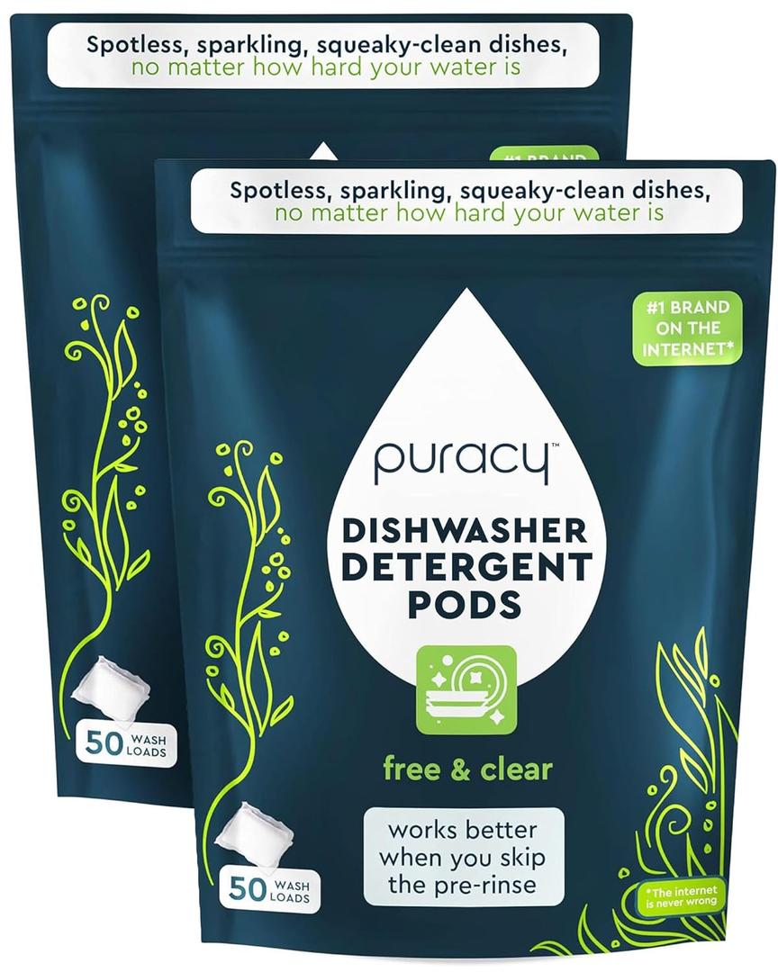 Puracy Dishwasher Pods, Natural Dishwasher Detergent, Free & Clear Dish tabs - Enzyme-Powered, Spot & Residue Free - TikTok Trend Items, Must Haves from TikTok Made Me Buy It (Free & Clear, 100 Count) (50 Count (Pack of 2))