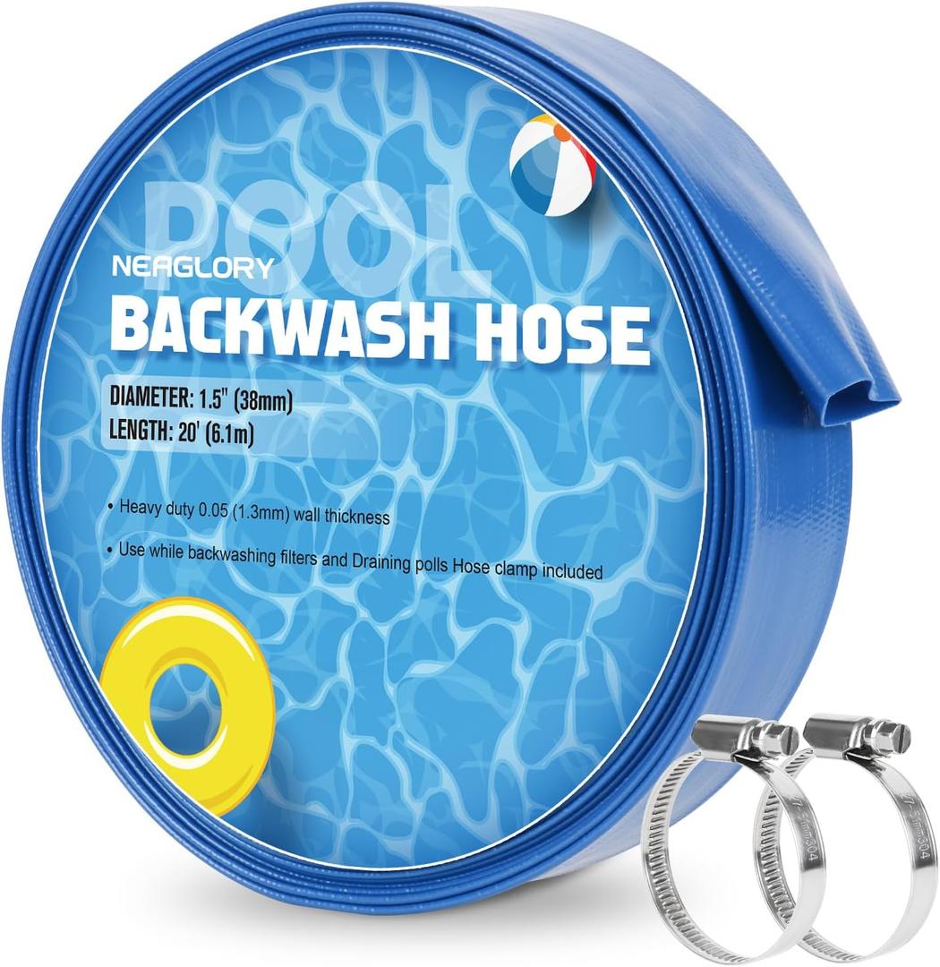 1.5" x 20 FT Pool Backwash Hose, Heavy Duty Flat Sump Pump Hose, Reinforced Discharge Hose with Clamp, Weather and Burst Resistant, Drain Clean Swimming Pools and Filters for Inground Pools
