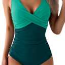 Eomenie Women's One Piece Swimsuits Tummy Control Ruched Push Up Bathing Suit Tie Back Slimming Swimwear (Large, Color Block-green)