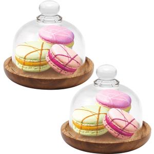 2 Pack Glass Domes with Wooden Base - 3.4 Inch Mini Cake Stand Cover for Dessert, Cheese, Candy, Plants & Succulents