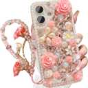 Bling Case Luxury Cute Diamond Glitter Crystal Rhinestone 3D Rose Flowers Pearl Handmade Phone Cover for Women Girls with Wrist Strap,Pink