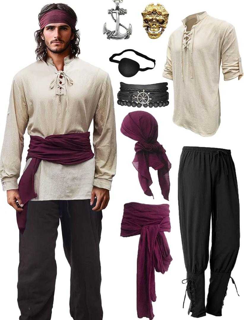 Verceco Mens Pirate Costume Outfit Renaissance Costume Men Medieval Outfit With Pirate Pants Shirts Sash Accessories 8PCS Khaki XX-Large