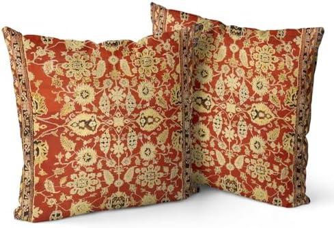 Knagsfa Boho Pillow Covers 16"x16" Set of 4  Monaco Red Bohemian Carpet Double Sided Pattern Linen Pillowcases Cushion Cover for Farmhouse Couch Sofa Bed Decorative, Only Pillowcase