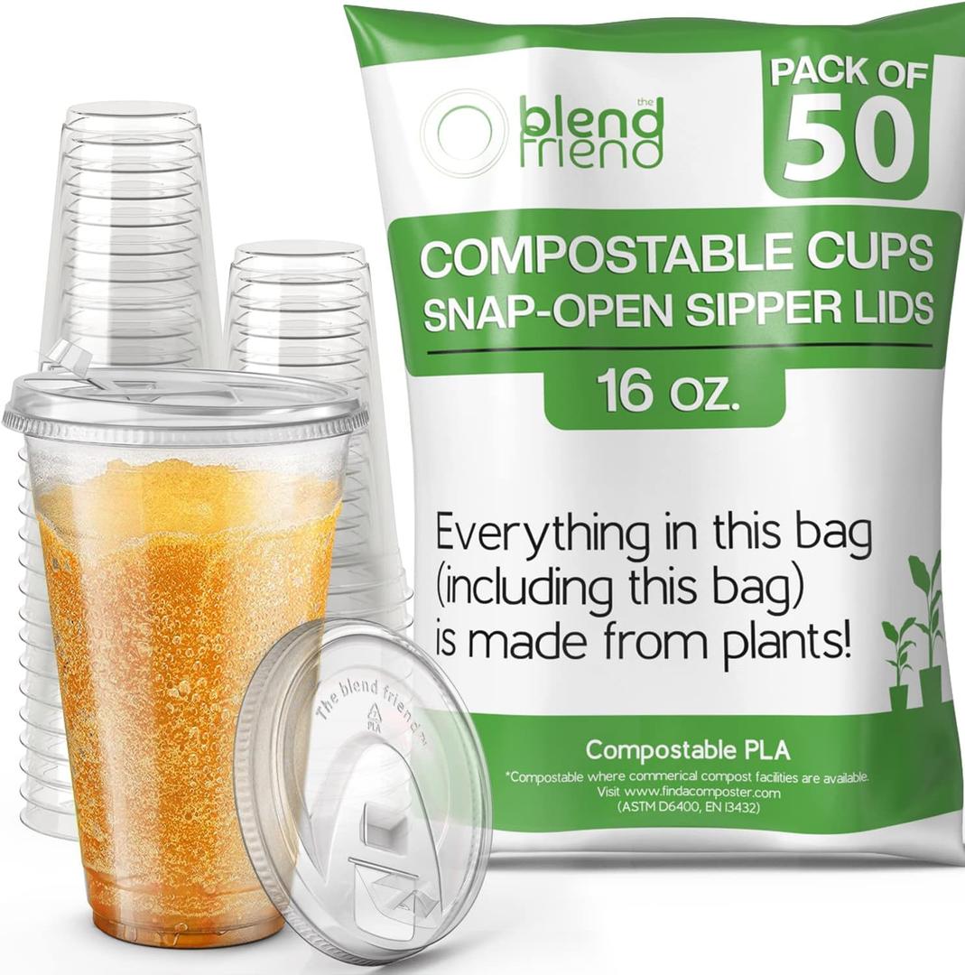 [16oz, 50 pack] Compostable Cups with Lids Eco plant based cups with strawless snap-fit sipper lids- Green Eco Friendly Alternative to Clear Plastic Cups with