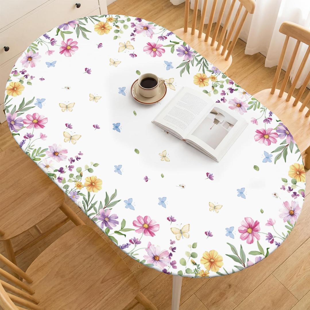 Horaldaily Spring Fitted Tablecloth 68 x 48 Inch Oval, Spring Daisy Floral Flowers Butterfly Washable Table Cover Elastic Edged for Dinning, Picnic, Camping, Banquet