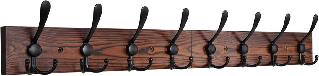 IBosins Wall Mounted Coat Rack, 31-2/5'' Long, Entryway Hanging Rack, Metal Wood Coat Hooks Rack with 8 Black Rustic Tri-Hooks Rail for Coat, Bag, Towel, Key, Hat, Umbrella (Brown)