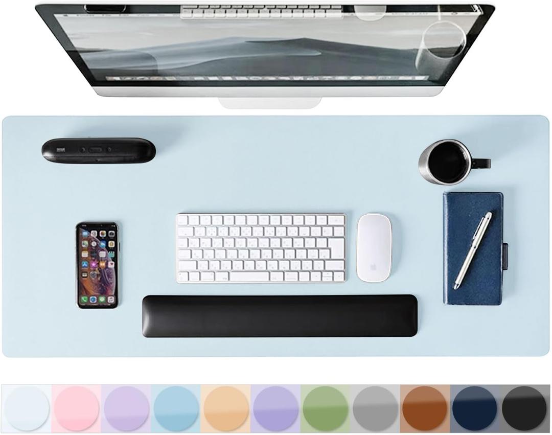 Mouse Pad Desk Protector Mat, Large PU Leather Office Desk Mat, Non-slip Desk Pad for Keyboard and Mouse, Waterproof Desk Blotter Pad for Writing, Wide & Smooth Laptop Desk Pads, Baby Blue (17X36)