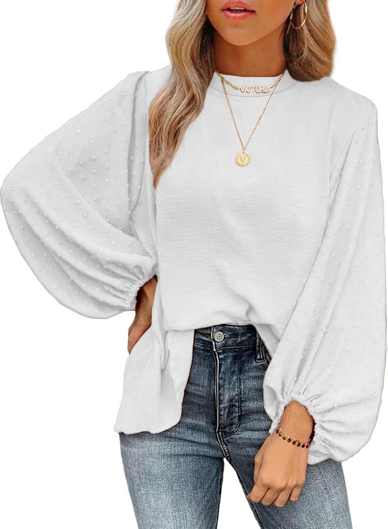 SHEWIN Womens Blouses Dressy Casual Smocked Tops Crew Neck Chiffon Long Sleeve Shirts Spring Outfits 2025 (L)
