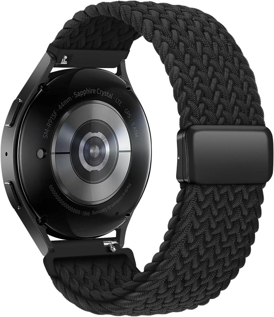 Braided Bands Compatible with Samsung Galaxy Watch 7 6 4 5 FE Band 44mm 40mm/Galaxy Watch 6 4 Classic 42mm 46mm 43mm 47mm/Watch 5 Pro Band 45mm/Active 2, 20mm Stretchy Nylon Sport Band (Black)