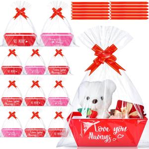 36 Pcs Valentines Day Baskets Gifts Empty Includes 12 Pack Valentines Empty Market Tray Cardboard Basket Clear Cellophane Bags Gift Tags Pull Bows for Valentines Day Holiday Birthday Party Supplies