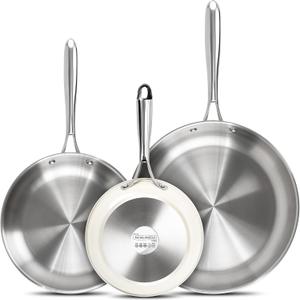 MICHELANGELO Stainless Steel Frying Pan Set, 8" 9.5" 11" Induction Pan, Triply Base Cooking Pans with Ergonomic Handle, for All Stove - Beige, 8-9.5-11-Inch w/o Lid