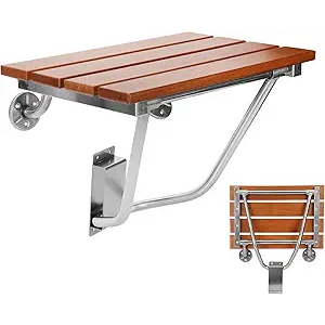 Folding Shower Seat Wall Mounted and Teak Bench, Foldable Shower Chair for Small Spaces, 350lb Capacity