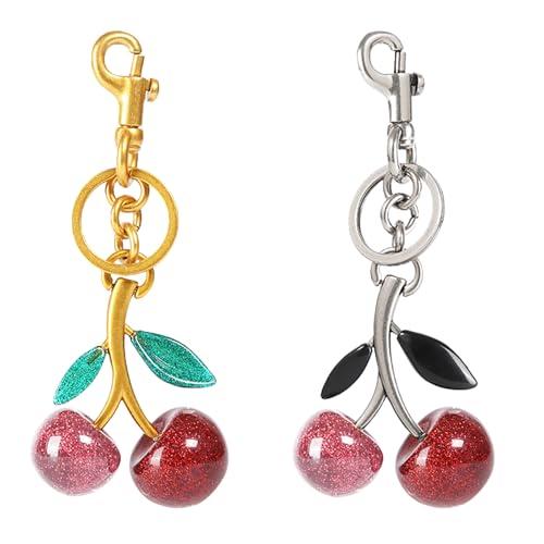 COOLANS  Cute Cherry Bag Charm,Apple Key Ring Clip Handbag Charm,Fruit Novelty Pendant,Purse Decor Keychain for Woman(Double Pink Cherry/Silver & Golden Key 4 PCS)